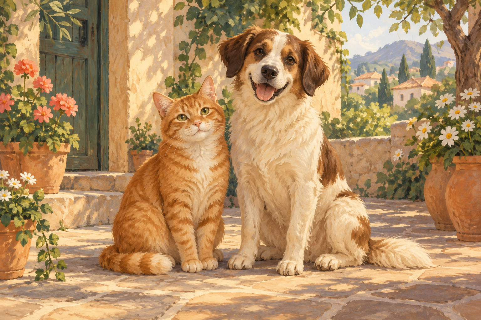 Çiçekli, güneşli bir avluda yan yana oturan turuncu bir kedi ve sevimli bir köpek; özgün bir çizim.
